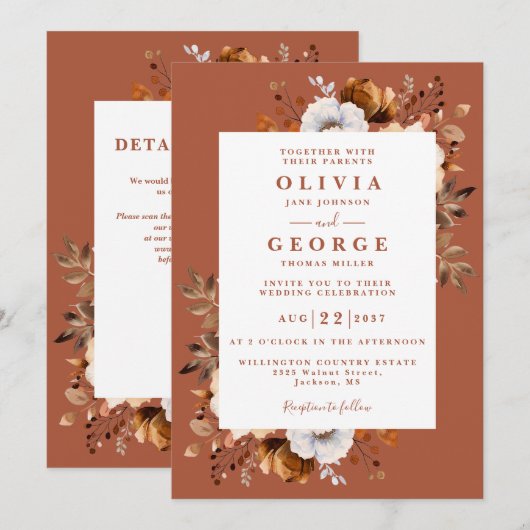 Rustikaler Fall Terracotta Floral QR Code Hochzeit Einladung (Vorne/Hinten)