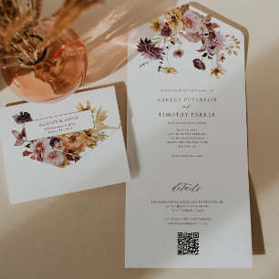 Rustikaler Fall Terracotta Floral Wedding QR All In One Einladung