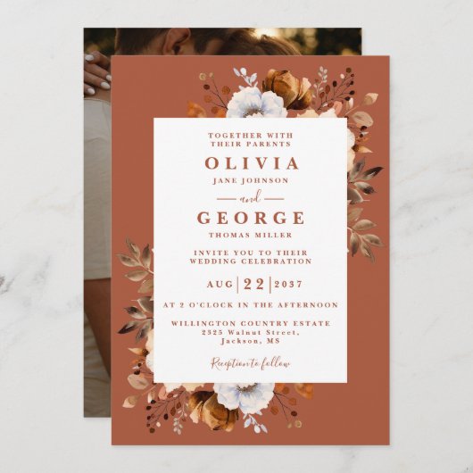 Rustikaler Fall Terracotta Modernes Foto Einladung (Vorne/Hinten)