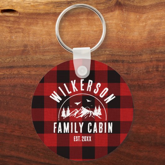 Rustikaler Familienname Hütte Seehaus Rot Kariert Schlüsselanhänger (Rückseite)