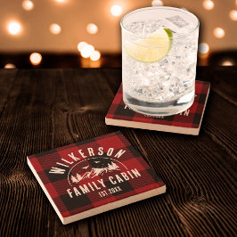 Rustikaler Familienname Hütte Seehaus Rot Kariert Steinuntersetzer