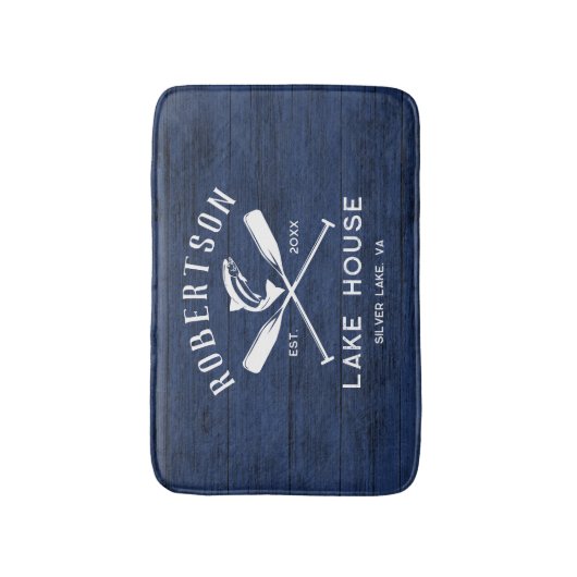 Rustikaler Familienname Lake House Navy Blue Wood Badematte (Vorderseite Vertikal)
