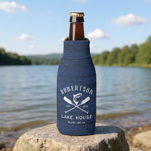 Rustikaler Familienname Lake House Navy Blue Wood Flaschenkühler