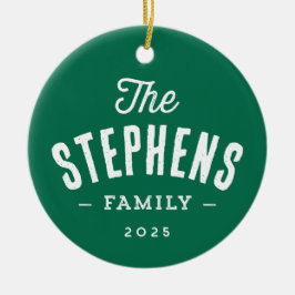 Rustikaler Familienname, schlicht grünes Foto Weih Keramik Ornament