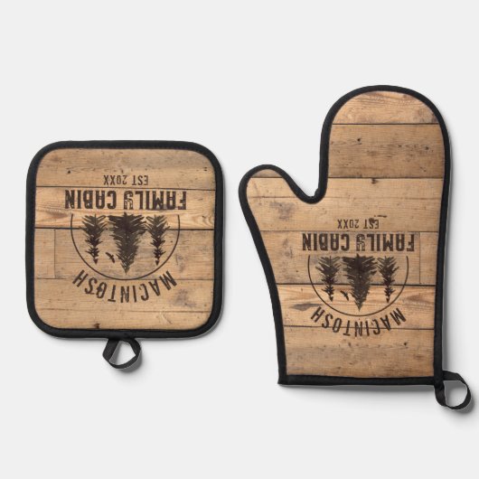 Rustikaler Familienname Waldbaumen der Hütte Ofenhandschuh & Topflappen-Set (Vorderseite)