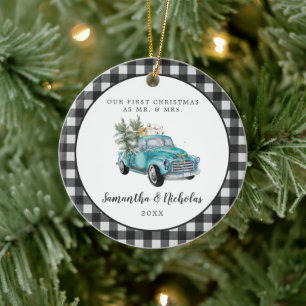 Rustikaler Farmhouse-LKW Erstes Weihnachten Herr Keramik Ornament