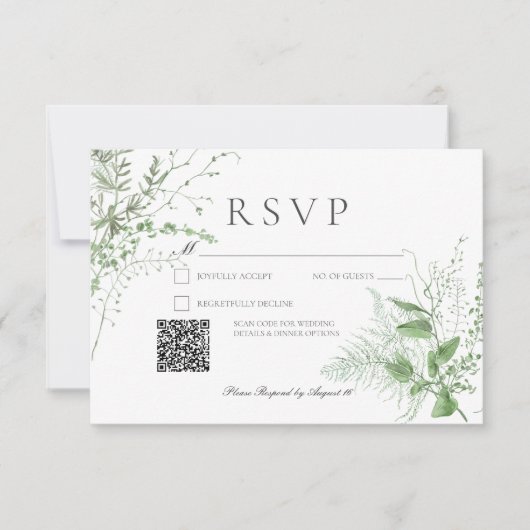 Rustikaler Fern Foliage Emerald Green QR Code RSVP Karte (Vorderseite)