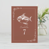 Rustikaler Fisch Terracotta Hochzeit Tischnummer (Stehend Vorderseite)