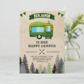 Rustikaler Flannel One Happy Camper 1. Geburtstag  Einladung (Stehend Vorderseite)