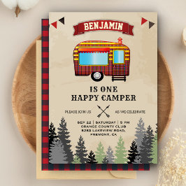 Rustikaler Flannel One Happy Camper 1. Geburtstag Einladung