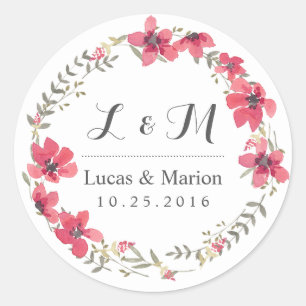 Rustikaler floraler Kranz mit Monogramm Hochzeitsa Runder Aufkleber