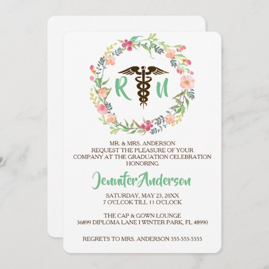 Rustikaler floraler Nursing School Abschluss laden Einladung (Vorne/Hinten)