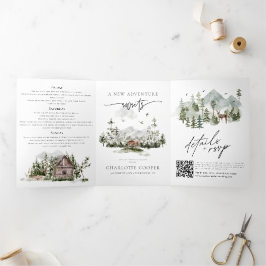 Rustikaler Forest Mountain Camp Junggeselinnen-Abs Dreifach Gefaltete Einladung (Innenseite)