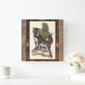 Rustikaler Fox, der auf einen Baum-Stamm tritt Quadratische Wanduhr (Zuhause)