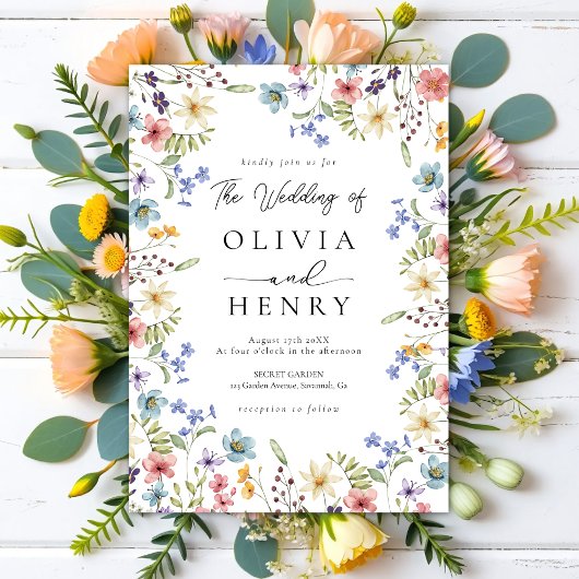 Rustikaler Garten Botanische Wildblume Hochzeit Einladung