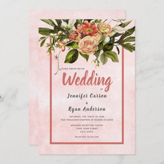 Rustikaler Gartenkorallencreme Hochzeit Einladung (Vorne/Hinten)