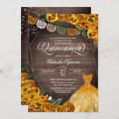 Rustikaler Gelber Rose Glitzer Gown Fiesta Quincea Einladung (Vorne/Hinten)