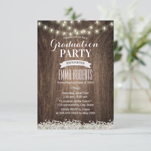 Rustikaler Gipskraut String Lights Abschluss Einladung (Stehend Vorderseite)