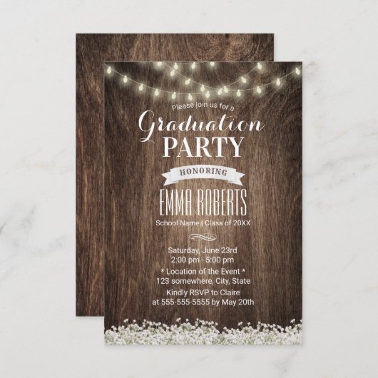 Rustikaler Gipskraut String Lights Abschluss Einladung (Vorne/Hinten)