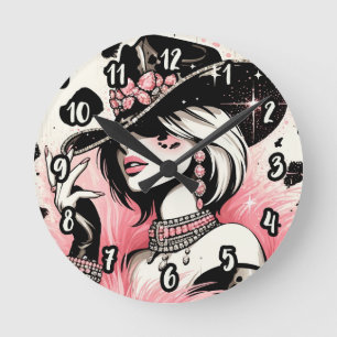 Rustikaler Glam-Cowgirl-Rosa-Sparkle-Cowhide-Druck Runde Wanduhr