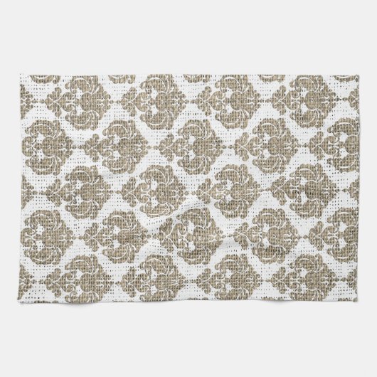 Rustikaler Glamour Burlap Royal Damask Moderne Mod Geschirrtuch (Horizontal)