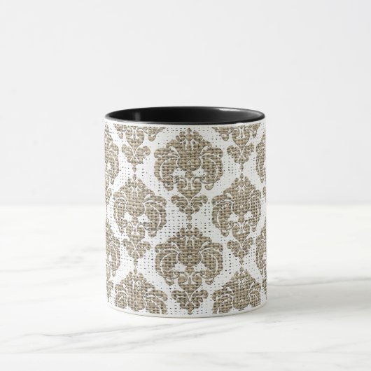 Rustikaler Glamour Burlap Royal Damask Moderne Mod Tasse (Zentrum)