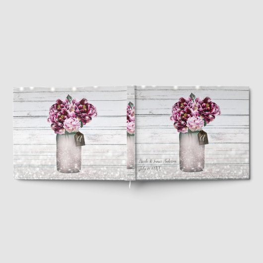 Rustikaler Glamour Wood & Burgund Mason Jar Blume Gästebuch (Voll)