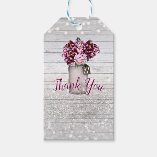 Rustikaler Glamour Wood & Burgund Mason Jar Blume Geschenkanhänger (Vorderseite)