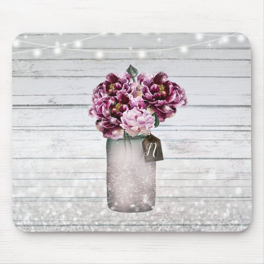 Rustikaler Glamour Wood & Burgund Mason Jar Blume Mousepad (Vorne)