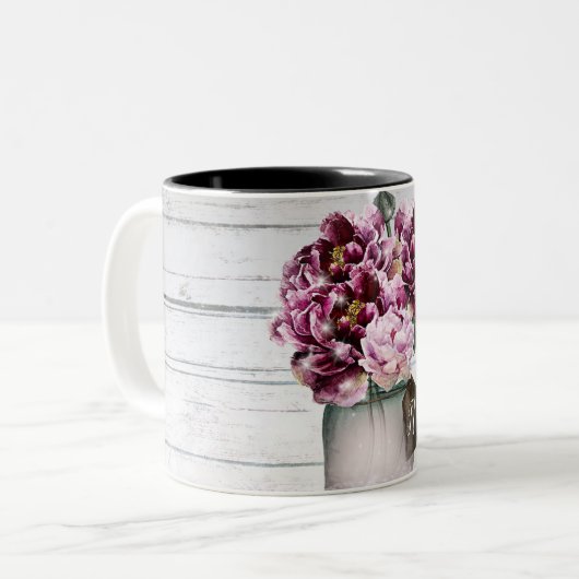 Rustikaler Glamour Wood & Burgund Mason Jar Blume Zweifarbige Tasse (Vorderseite Links)