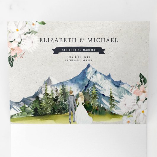 Rustikaler Gletscherberg | Illustrierte Hochzeit Dreifach Gefaltete Einladung (Innen Erste Seite)