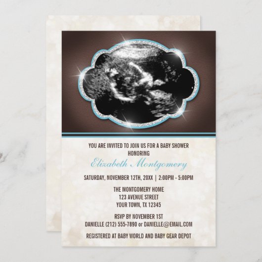 Rustikaler Glitzer Blue Sonogram Baby Dusche Einladung (Vorne/Hinten)