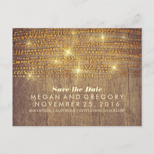 Rustikaler Glitzer Konfetti Lichter Save the Date Ankündigungspostkarte (Vorderseite)