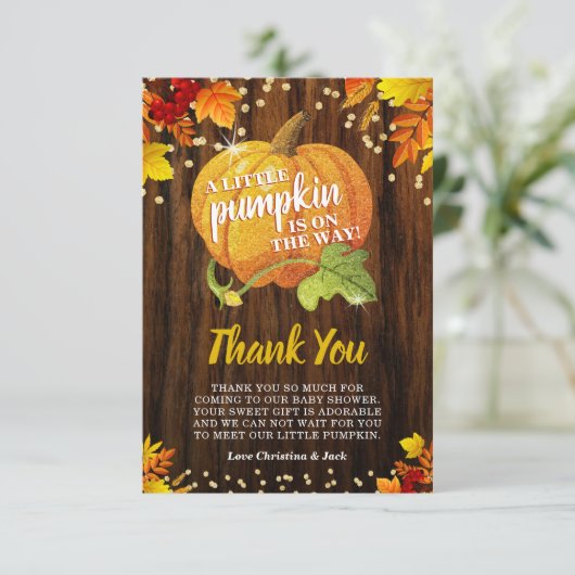 Rustikaler Glitzer Pumpkin Fall Neutral Baby Dusch Dankeskarte (Stehend Vorderseite)