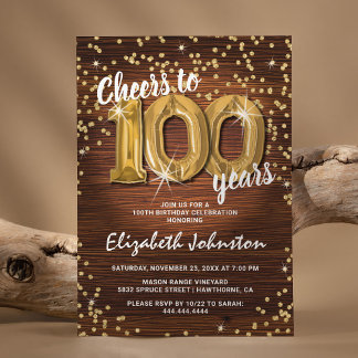 Rustikaler Gold Glitzer 100. Geburtstag Einladung