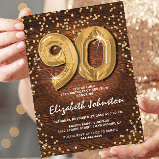 Rustikaler Gold Glitzer 90. Geburtstag Einladung