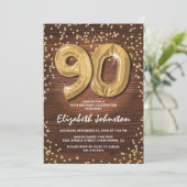 Rustikaler Gold Glitzer 90. Geburtstag Einladung (Stehend Vorderseite)