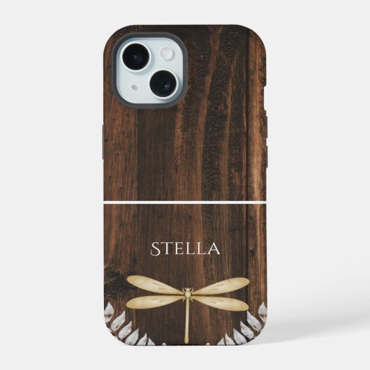 Rustikaler Golddragonfly Personalisiert iPhone 15 Hülle (Rückseite)