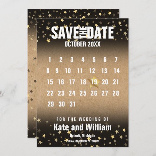 Rustikaler goldener Sternenkalender Save the Date Einladung (Vorne/Hinten)