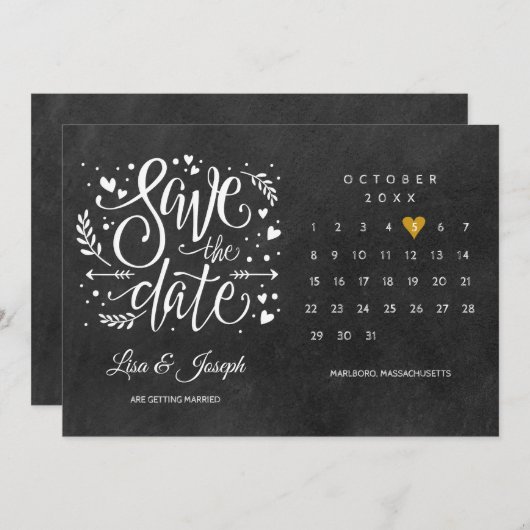 Rustikaler Goldherzkalender Save the Date Einladung (Vorne/Hinten)