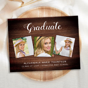 Rustikaler Graduate Custom 3 Foto Wood Abschluss Ankündigungspostkarte