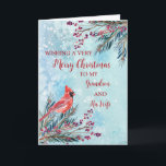 Rustikaler Grandson und seine Ehefrau Frohe Weihna Karte<br><div class="desc">Frohe Weihnachten für Enkel und seine Ehefrau-Karte mit Aquarellfolien,  einem Kardinal und Aquarellschnee-Muster und nachdenklichen Vers.</div>