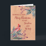 Rustikaler Grandson und seine Ehefrau Weihnachten Karte<br><div class="desc">Frohe Weihnachten für Enkel und seine Ehefrau-Karte mit Aquarellmalerei,  ein Kardinal und Vintage Papiermuster und nachdenkliche Vers.</div>