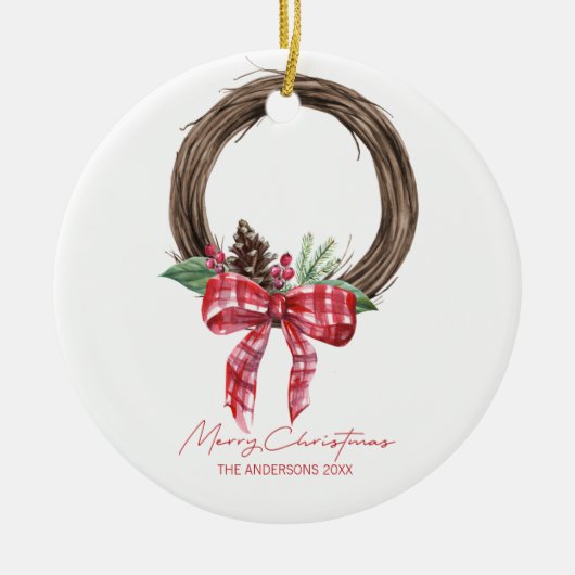 Rustikaler Grapevine Wreath Frohe Weihnachtsfeiert Keramik Ornament (Vorne)