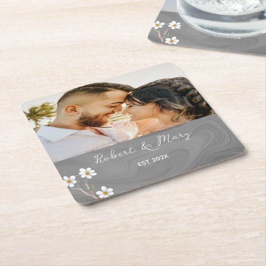 Rustikaler Grauholz Custom Foto Wedding Untersetze Rechteckiger Pappuntersetzer (angewinkelt)