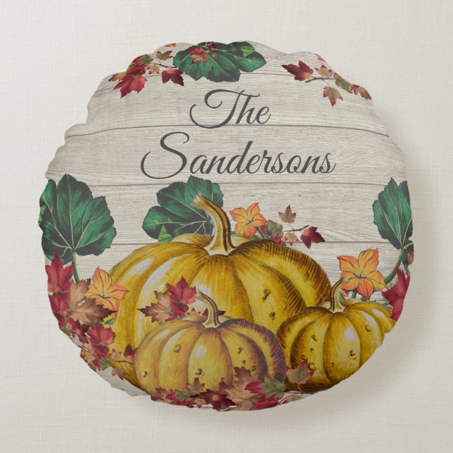 Rustikaler Grauholz Herbst Orange Pumpkin Herbstla Rundes Kissen (Vorderseite)