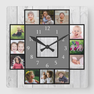 Rustikaler Grauholz kreiert Ihre eigene 12-Fotosam Quadratische Wanduhr