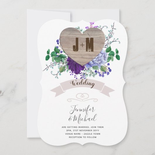 Rustikaler, gravierter Holzherz Monogram, Blutfall Einladung (Vorderseite)