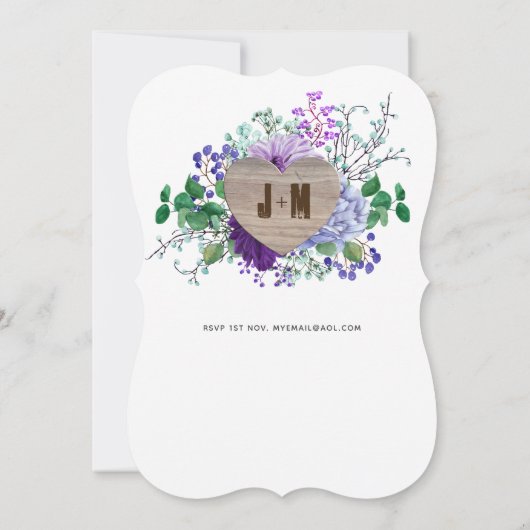 Rustikaler, gravierter Holzherz Monogram, Blutfall Einladung (Rückseite)