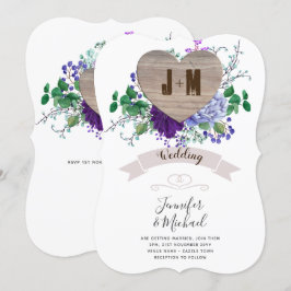 Rustikaler, gravierter Holzherz Monogram, Blutfall Einladung